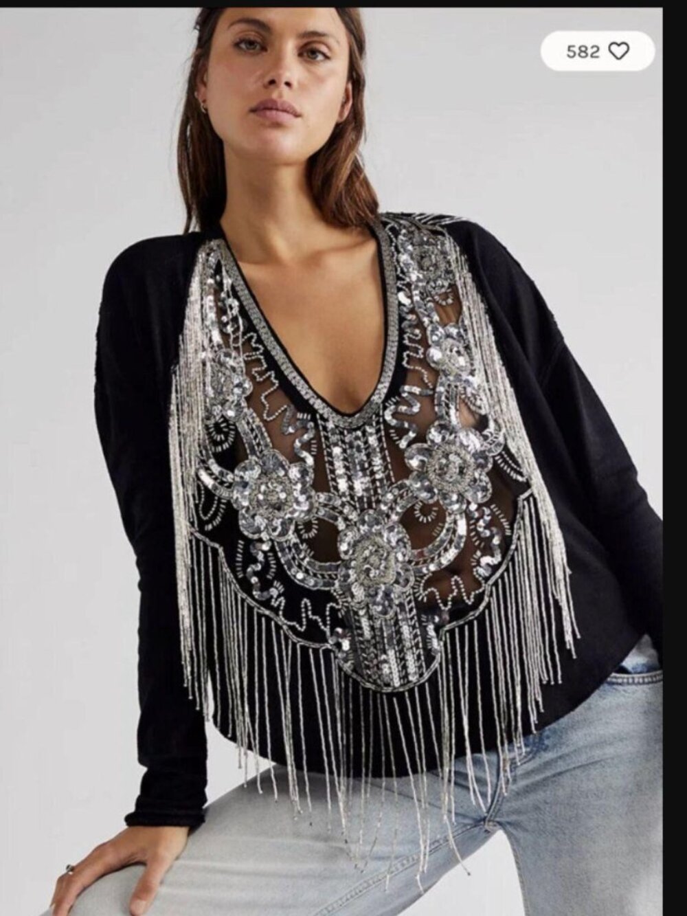 Free People Way Out Embellished Sequin Beaded Fringe Top Bling Boho Silver